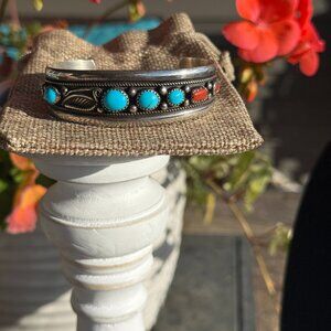 SOLD - Sterling Silver Turquoise & Coral Cuff Bracelet